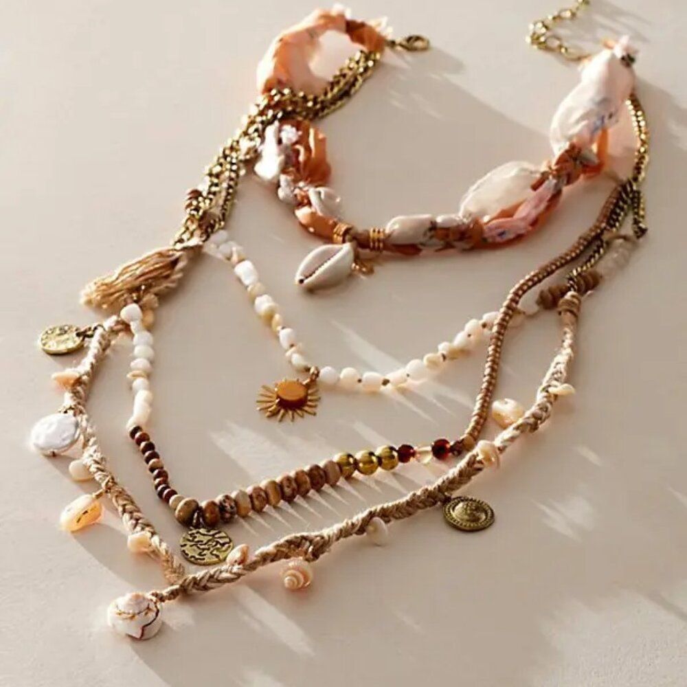 FREE PEOPLE x Ariana Ost River Layered Textile Necklace In Pink & Natural NWT